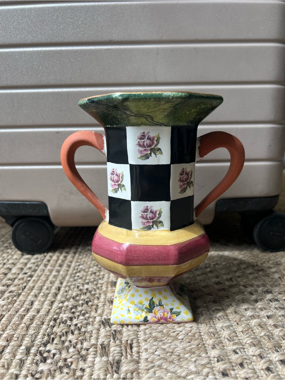 Mackenzie Childs Torquay Trophy Vase Double Handled Frank Mustard Check 6 7/8”
